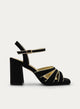 SANDALIA NEGRA CON DETALLE DORADO TACÓN ANCHO Y PLATAFORMA