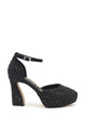 Black heeled shoe with rhinestones and buckle closure