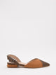 Taupe and black slingback shoes with a pointed toe and adjustable buckle
