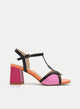 MULTICOLOR BLACK SANDAL WITH PINK HEEL WITH T-STRAP