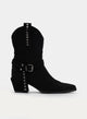Black cowboy-style boot with buckle.