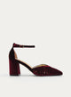 Bordeaux Velvet Room Shoes com salto médio e correia