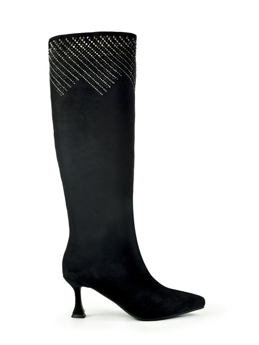 Bota alta negra para mujer con detalle de strass en la parte superior de la caña  y tacón de la marca Azarey