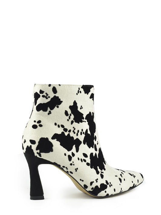 Black and white cow ankle boots with thin heel