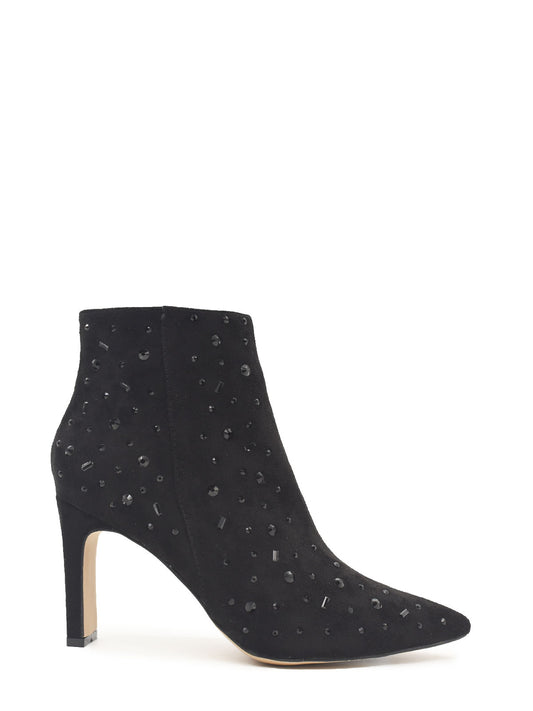 High-heeled ankle boots with black rhinestones