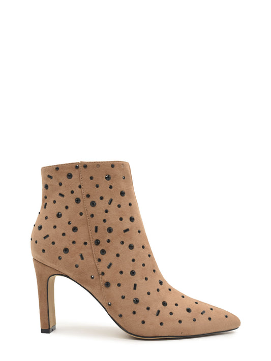 High-heeled ankle boots in earth colour with rhinestones
