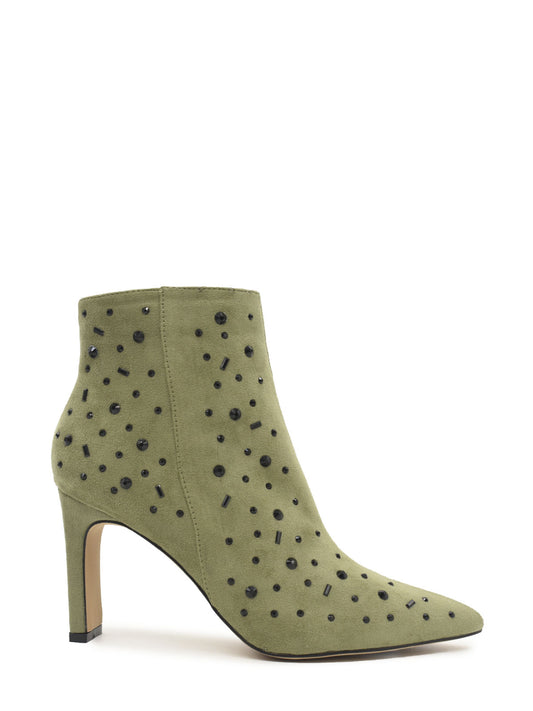 Green high-heeled ankle boots with rhinestones