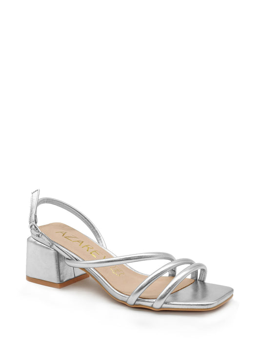 Metallic silver low-heeled sandal with straps