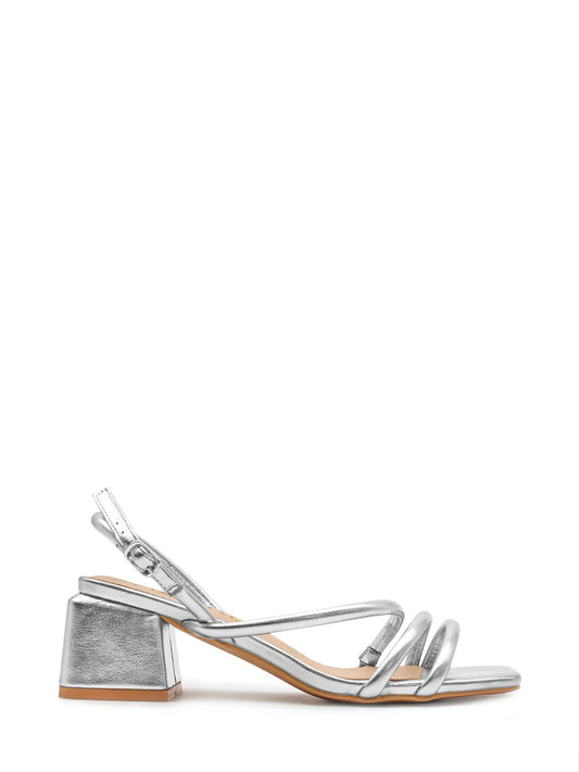 Sandalo con tacco basso argento metallizzato e cinturini