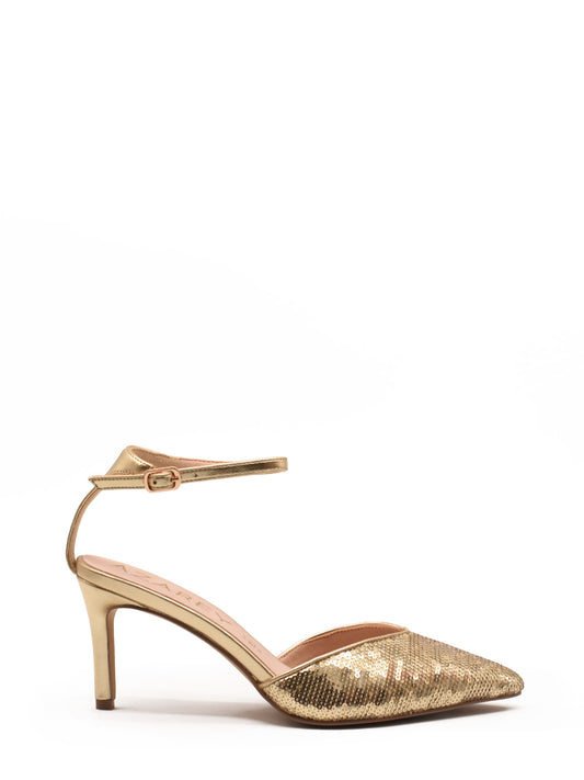 Gold sequined slingback shoe