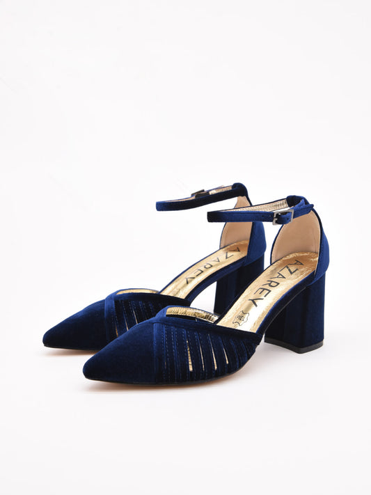 Navy Velvet Mid Heel Pumps with Strap