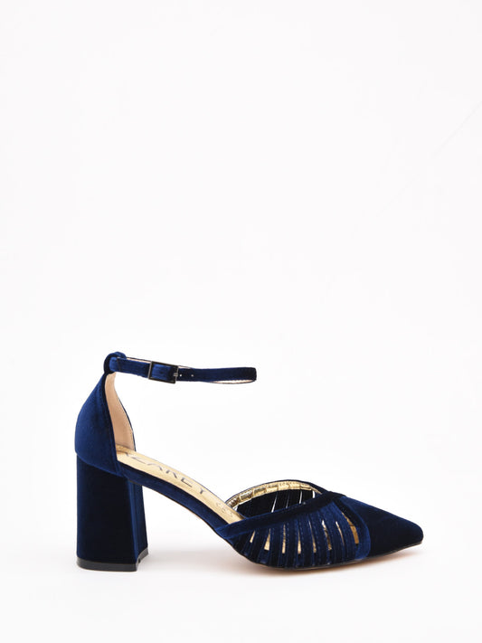 Navy Velvet Mid Heel Pumps with Strap