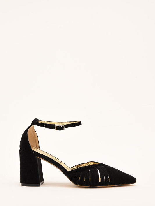 Black Velvet Mid Heel Pumps with Strap