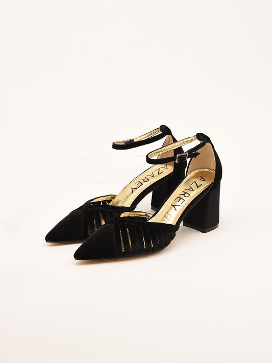 Black Velvet Mid Heel Pumps with Strap