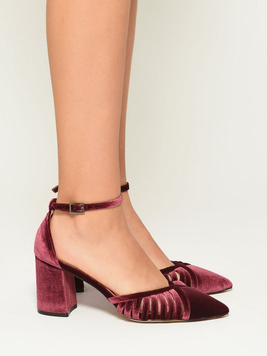 Pink Velvet Mid Heel Pumps with Strap