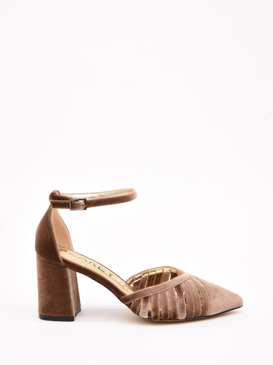 Taupe Velvet Mid Heel Strappy Court Shoes