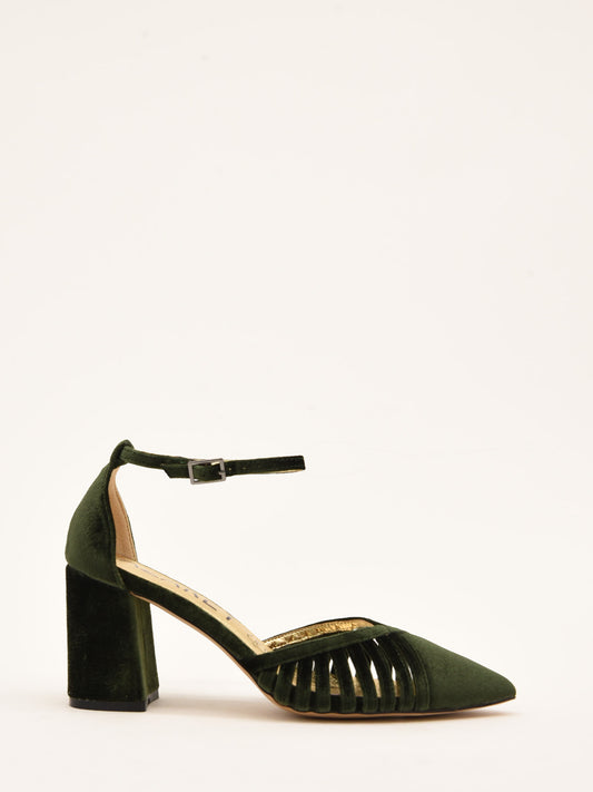 Green Velvet Mid Heel Pumps with Strap