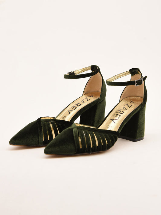 Zapatos de Salón de Terciopelo Verde con Tacón Medio y Correa