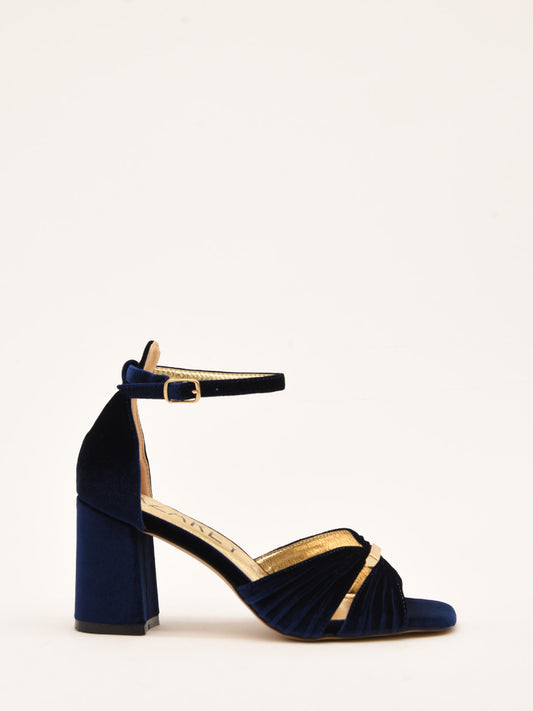 Navy Blue Velvet Sandals with Gold Detail