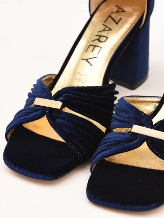 Navy Blue Velvet Sandals with Gold Detail