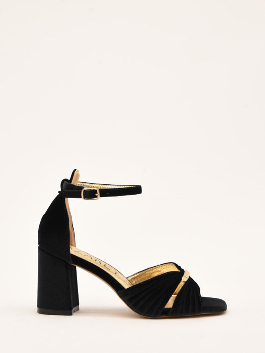 Black Velvet Sandals with Gold Detail