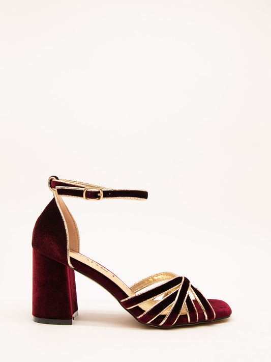 Elegant Burgundy Velvet Sandals with Gold Trim