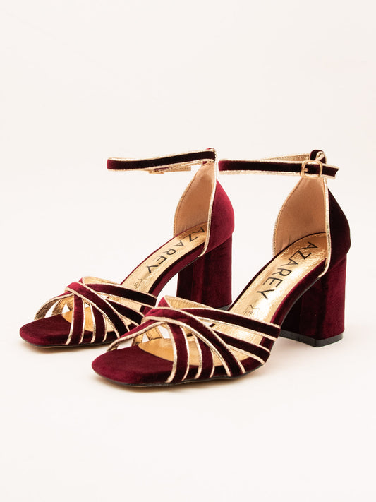 Elegant Burgundy Velvet Sandals with Gold Trim