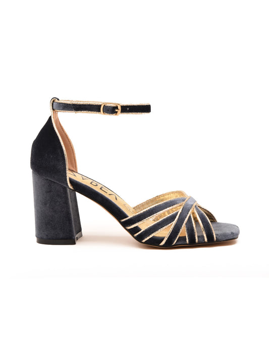 Elegant Grey Velvet Sandals with Gold Trim