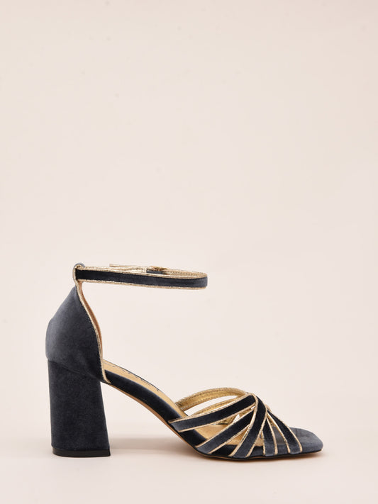 Elegant Grey Velvet Sandals with Gold Trim