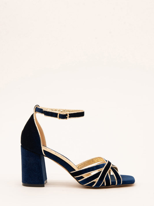 Elegant Navy Velvet Sandals with Gold Trim