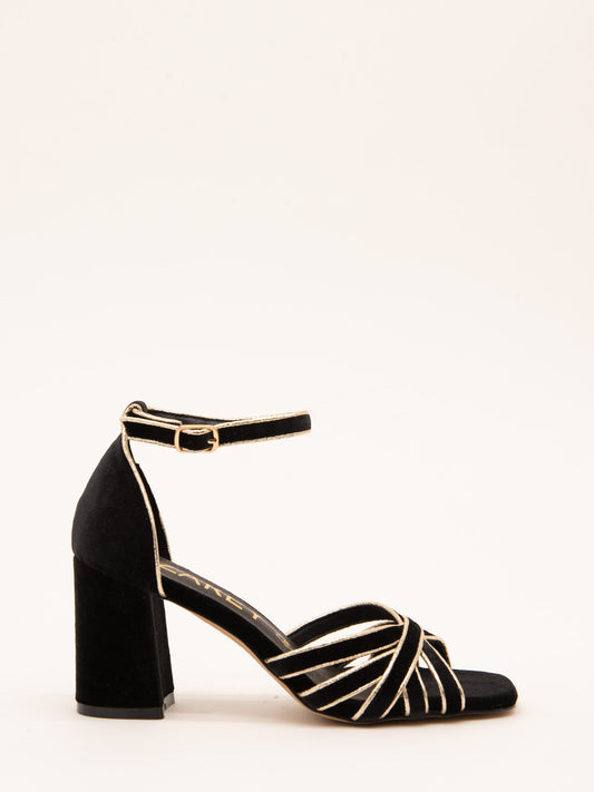 Sandalias Elegante de Terciopelo Negro con Ribete Dorado