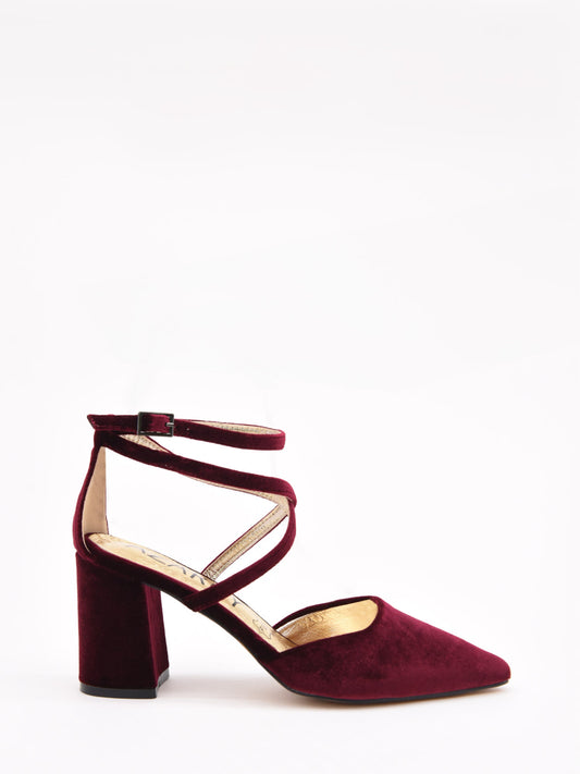 Burgundy Velvet Cross Strap Pumps