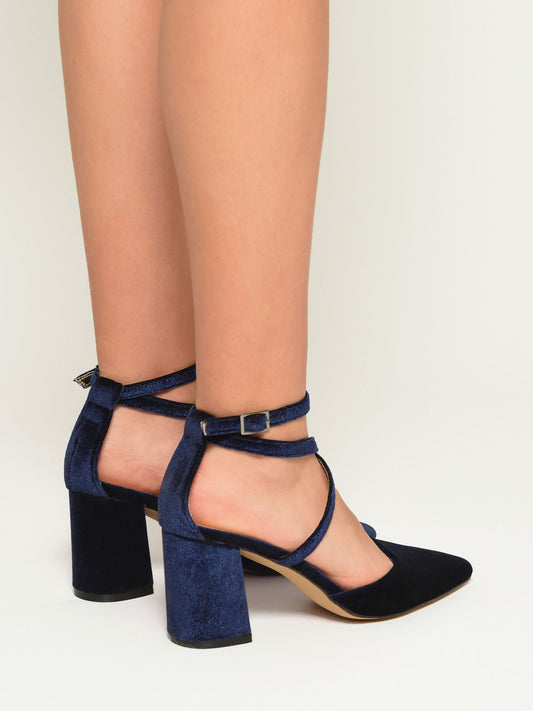 Navy Velvet Cross Strap Pumps