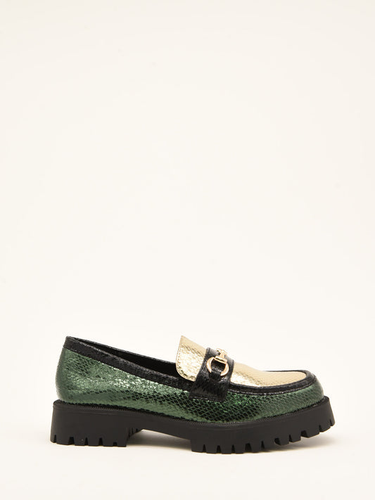 Patent Leather Moccasin in Green and Gold