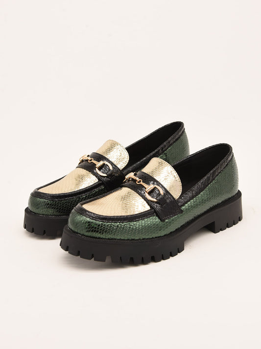 Patent Leather Moccasin in Green and Gold