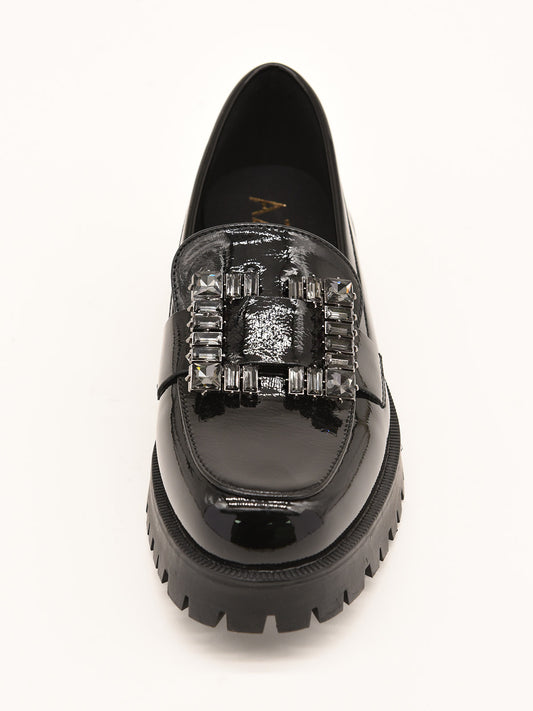 Black Patent Leather Moccasin with Detail