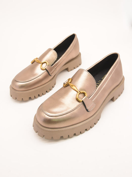 Gold loafers with thick soles