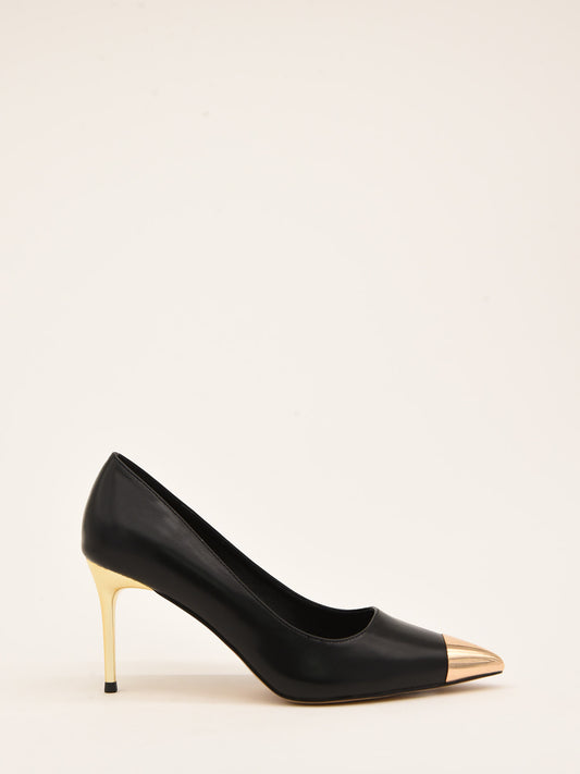 Black court shoe with gold toe and heel