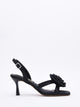 Black Satin Heeled Sandals with Flower Detail
