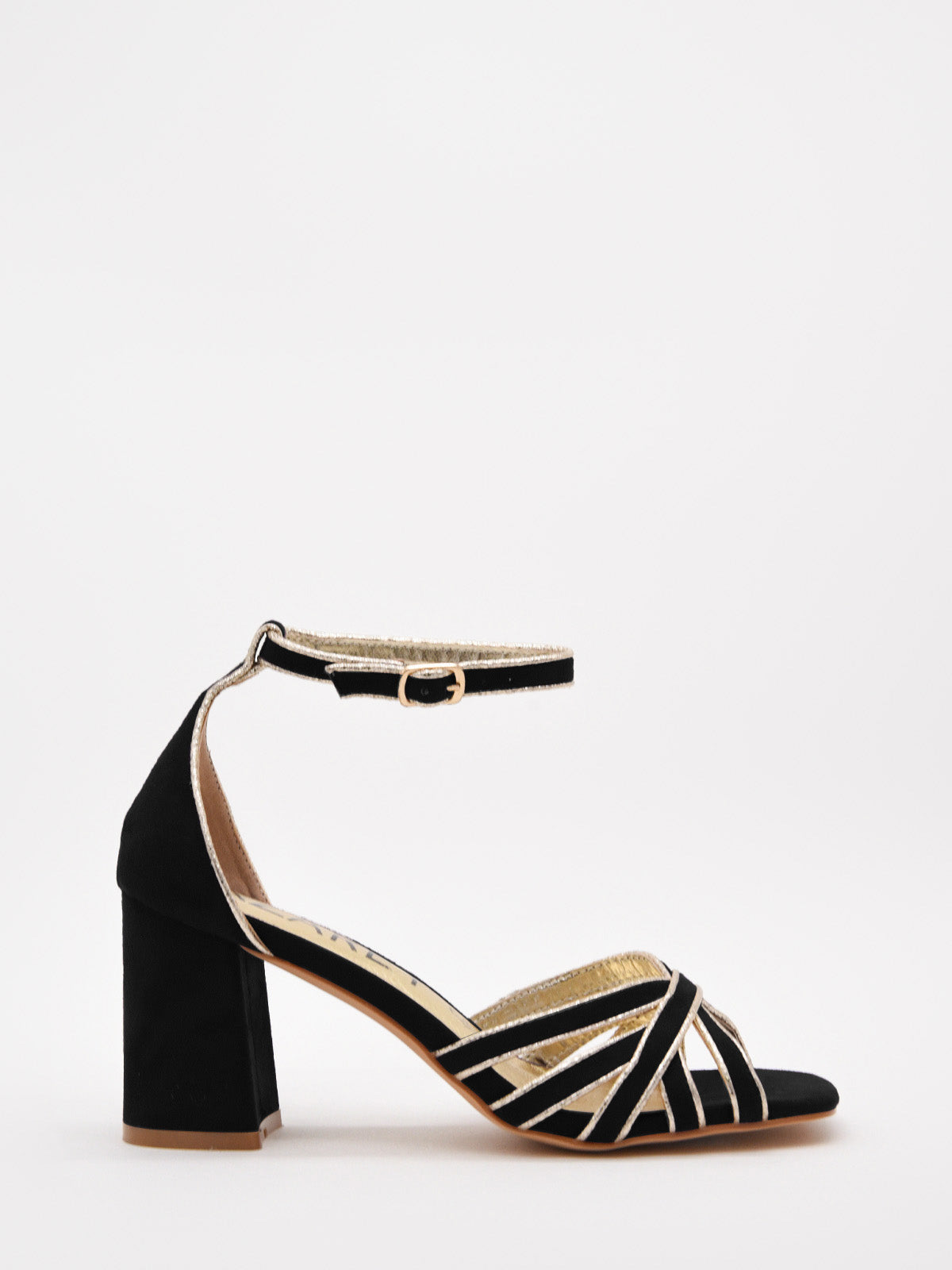 Sandalias de tacón ancho color negro y detalle dorado – AZAREY SHOES