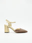 Zapato de Terciopelo Taupe con Tacón Dorado y correa