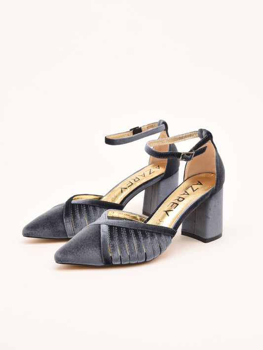 Grey Velvet Mid Heel Pumps with Strap