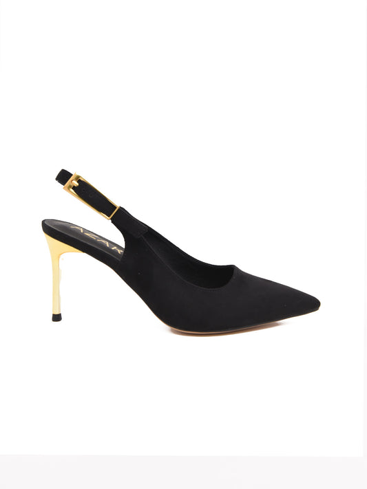 Black open-toed court shoe with gold heel