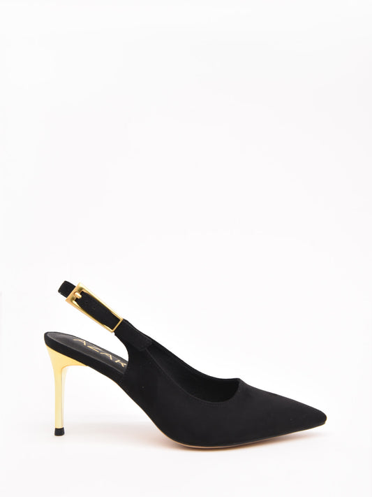 Décolleté slingback nera con tacco dorato