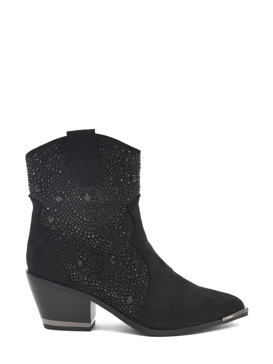 Black cowboy ankle boots with rhinestones