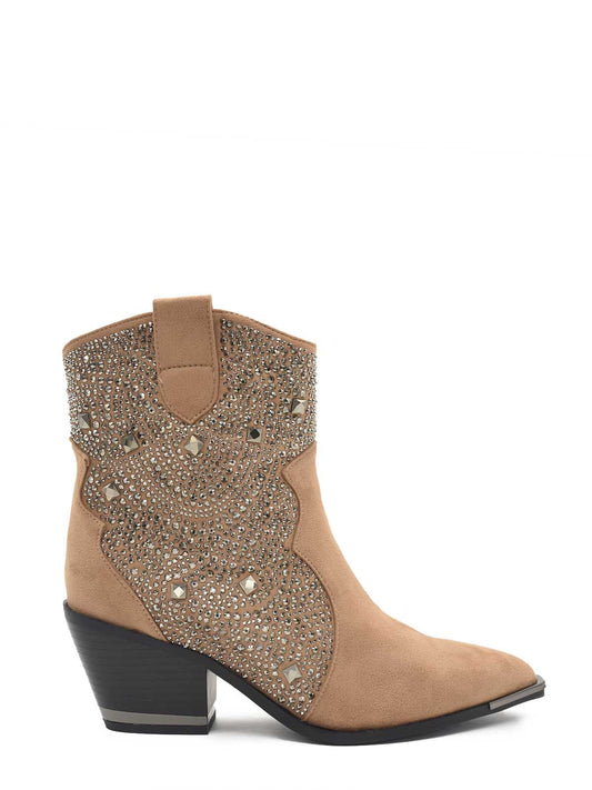 Taupe cowboy ankle boots with rhinestones