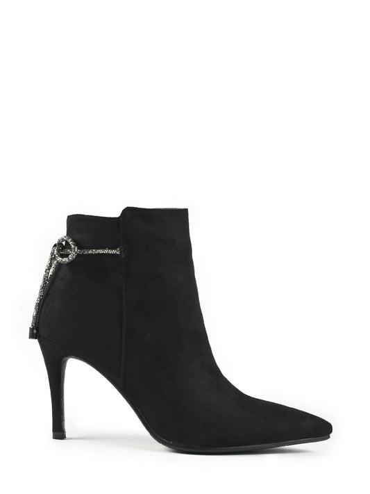 Black ankle boots with thin heels and rhinestone bow