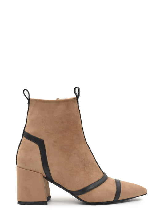 Two-tone strappy square heel ankle boot in black taupe
