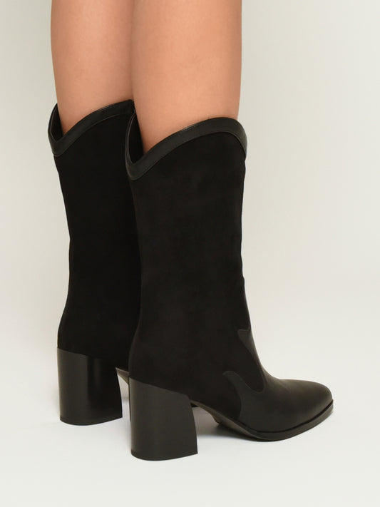 Black suede effect high boots with metallic finish