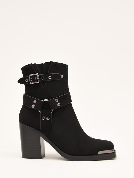 Black ankle boots with spur and buckle